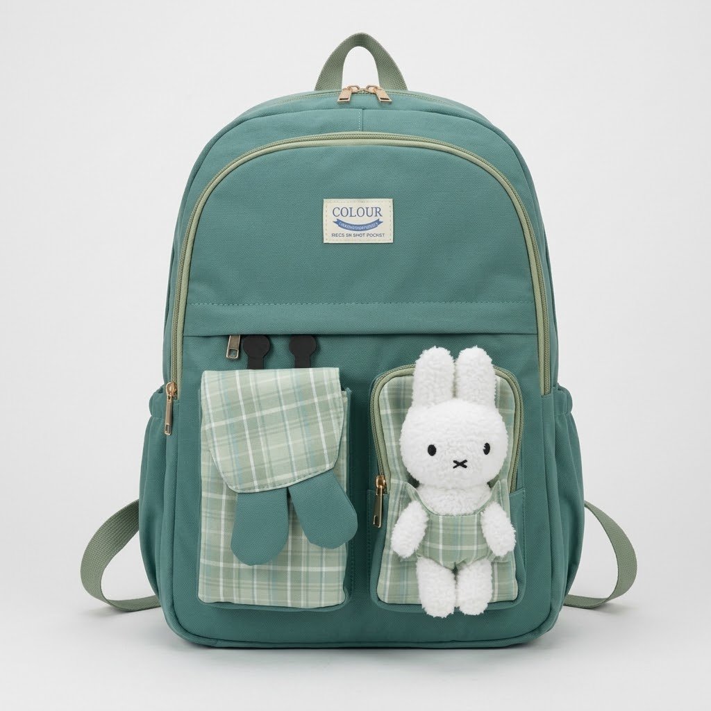 Cute Green Rabbit Plushie Korean Style School Backpack